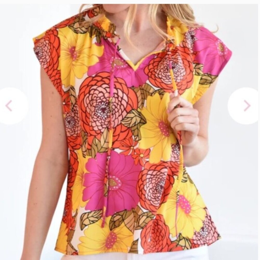 NWOT THML Orange Brighten My Day Sleeveless Multicolor Top Blouse